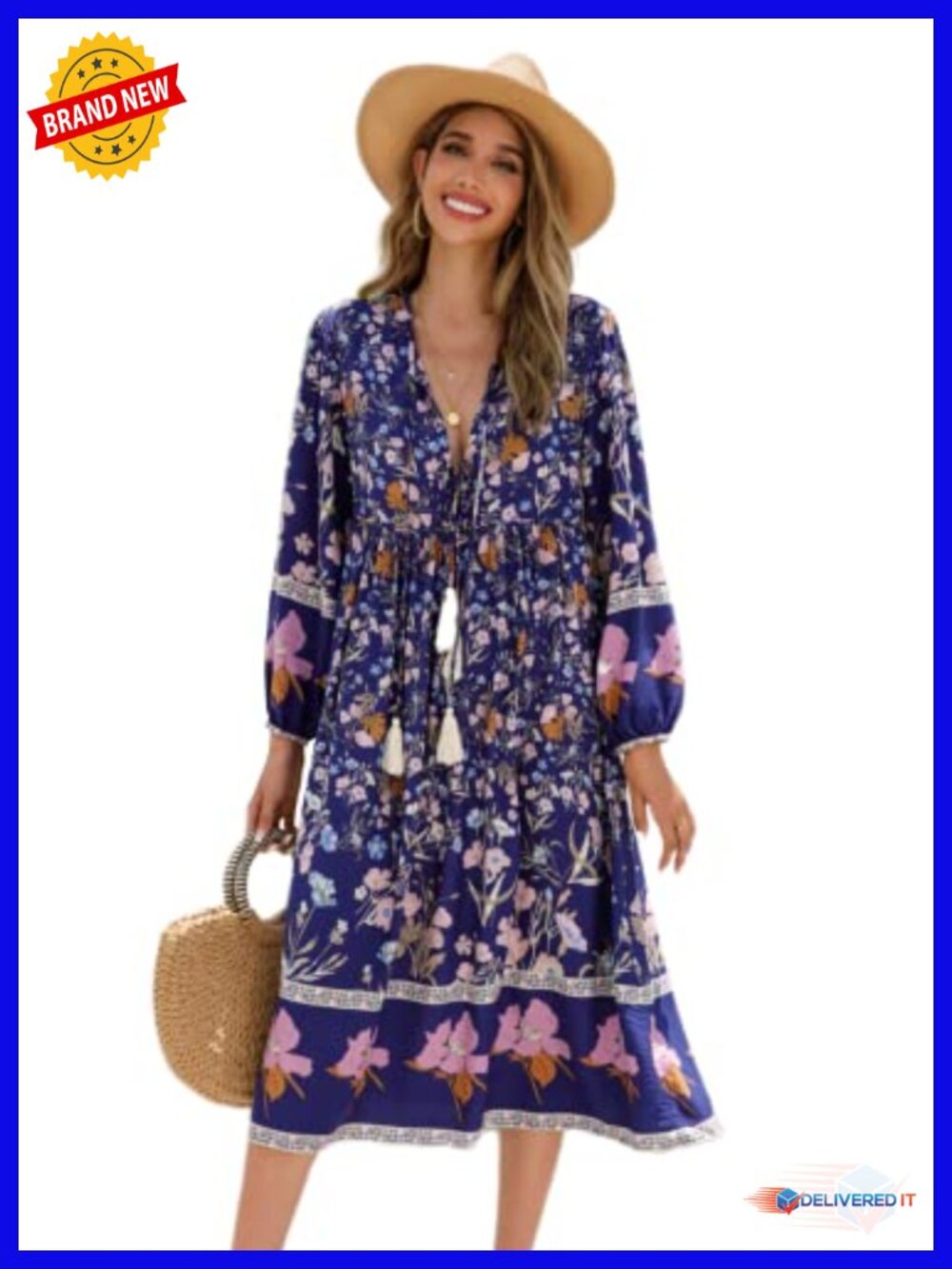 Boho Floral Midi Dress Long Sleeve V-Neck Front Tie Cotton Blend